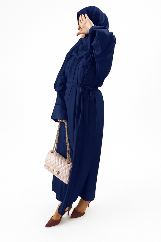 Lux front open with belt Abaya Navy Blue