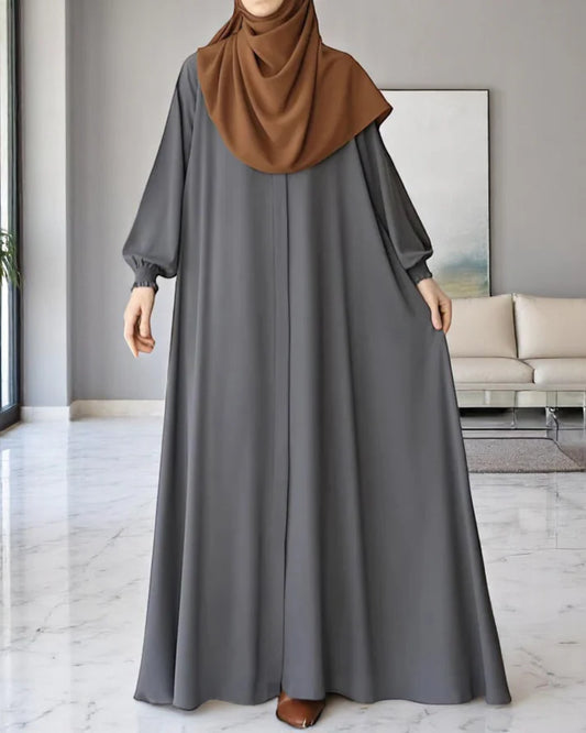 Front Open Abaya with Zipper Opening, Umbrella Flare Grey